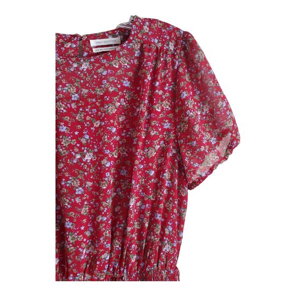 URBAN OUTFITTERS Women's M Dress Red Floral Smocked Elastic Skirt Short Sleeve - Picture 4 of 7